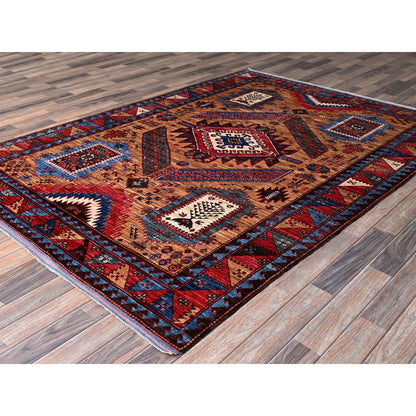 6'1"X8'4" Ochre Brown Afghan Caucasian Design Revival Hand Knotted Wool Rug