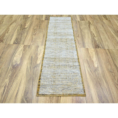 2'7"X8'2" White & Gold Hand Knotted Oxidized Grass Design Wool Runner Rug