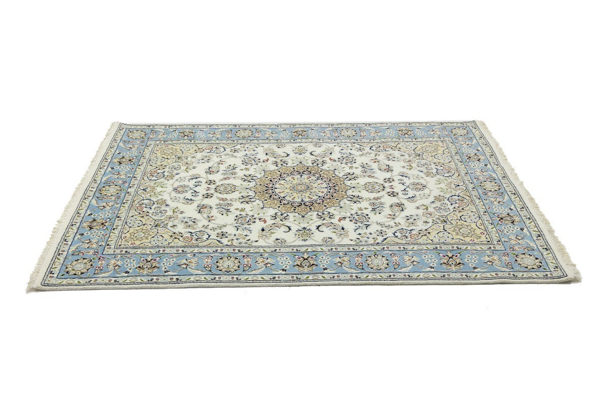 5X7 Handmade Indo-Nain Oriental Rug Cream Light Blue Floral Medallion Carpet