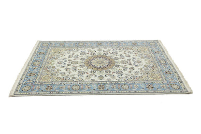 5X7 Handmade Indo-Nain Oriental Rug Cream Light Blue Floral Medallion Carpet