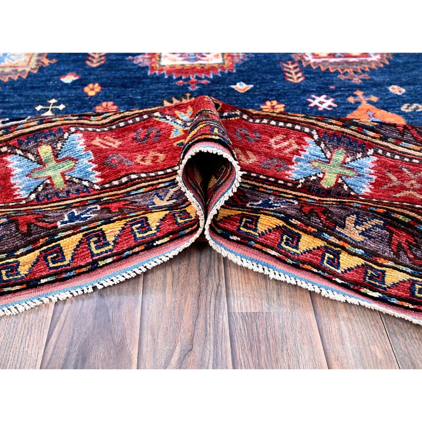 8'5"X9'8" Yale Blue Afghan Caucasian Design Revival Hand Knotted Wool Rug