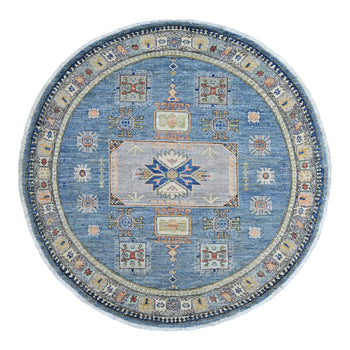 6'X6' Blue Peshawar Caucasian Influence Hand Knotted Pure Wool Round Rug