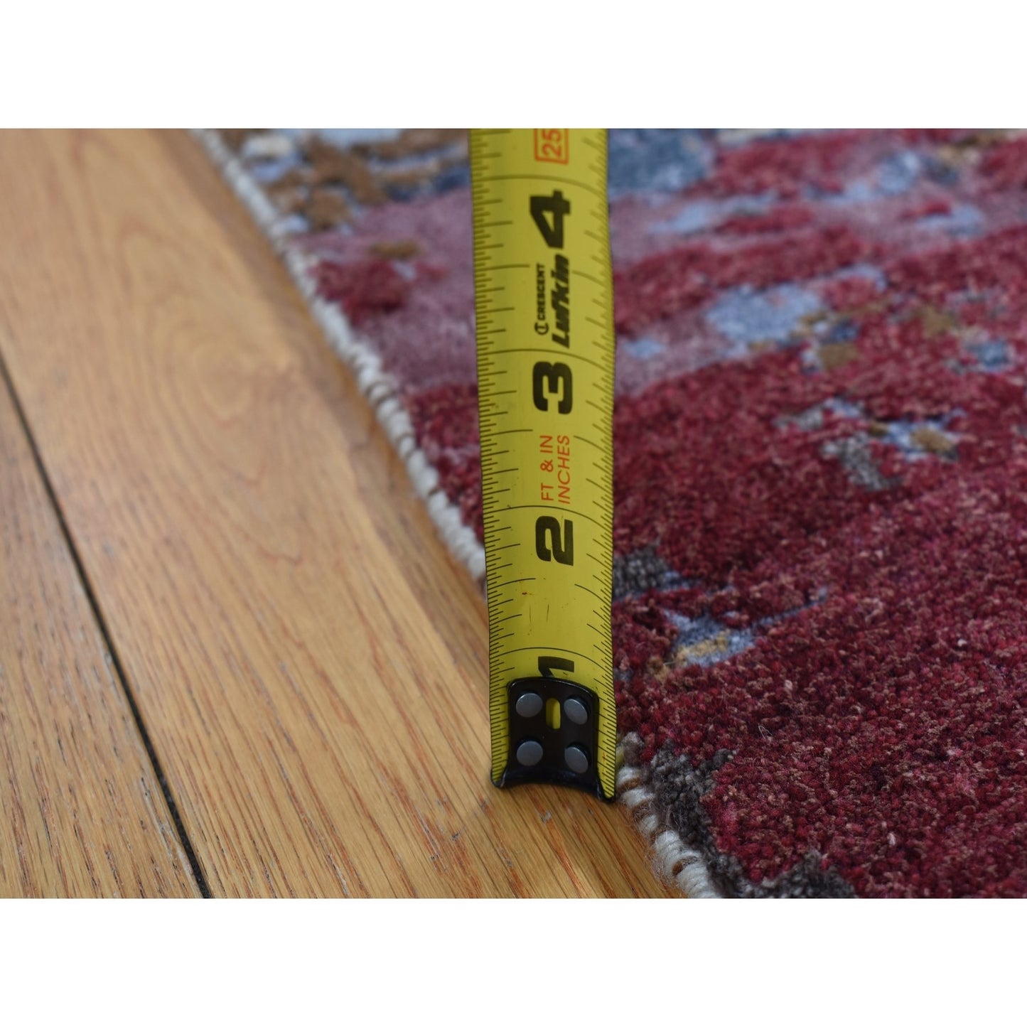 2'7"x8'1" Red Wool and Silk Abstract Design Hand Knotted Runner Rug