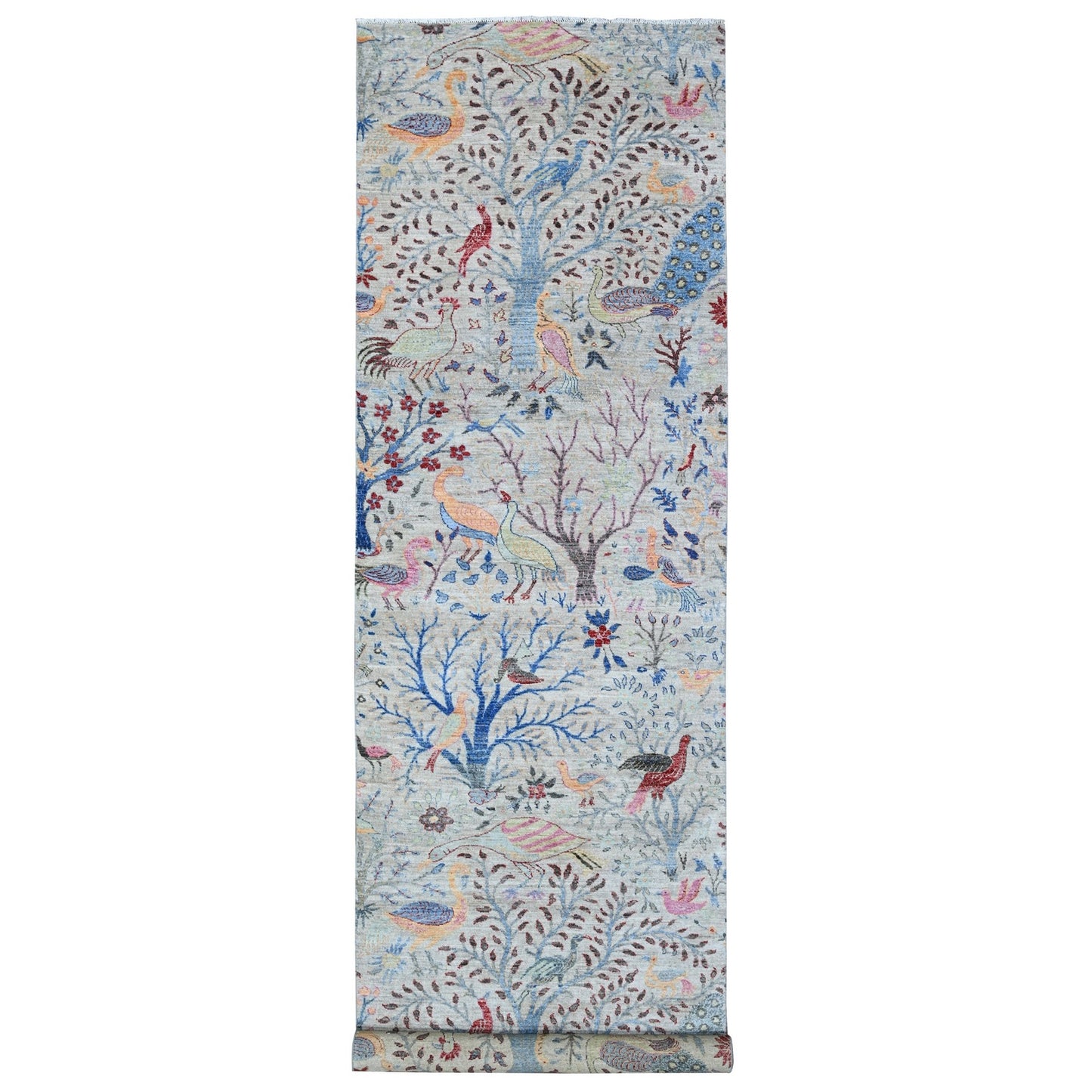 4'1"X16' Tint Gray Birds Of Paradise Peshawar Hand Knotted Oriental Rug
