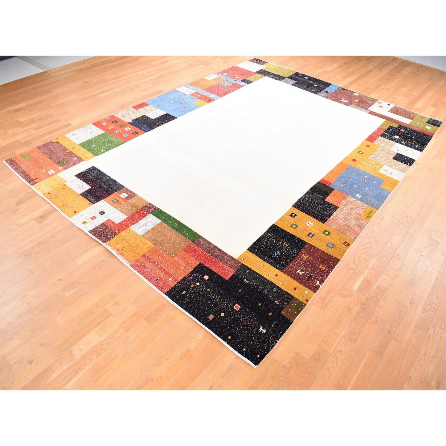 9'8"X13'5" Ivory Folk Art Lori Buft Gabbeh Design Wool Hand Knotted Rug