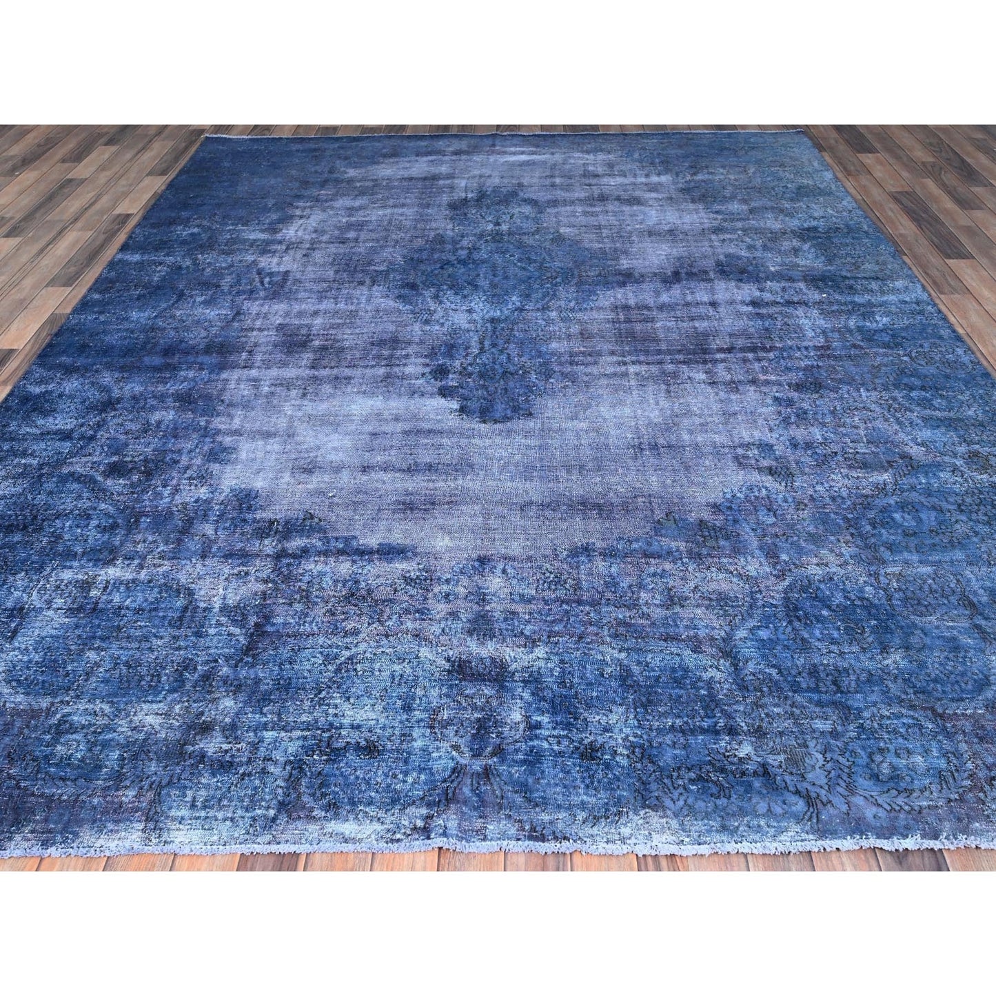 8'3"X10'9" Blue Overdyed Worn Soft Wool Hand Knotted Rug
