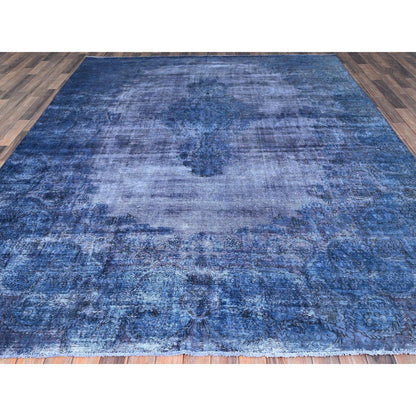 8'3"X10'9" Blue Overdyed Worn Soft Wool Hand Knotted Rug