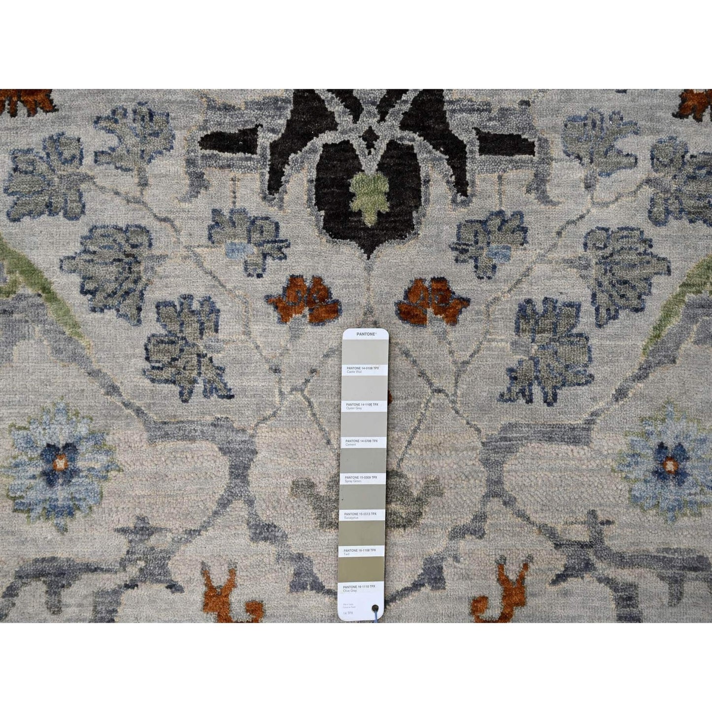 10'X10' Whirlwind Gray Wool Hand Knotted Floral Motifs Oushak Round Rug