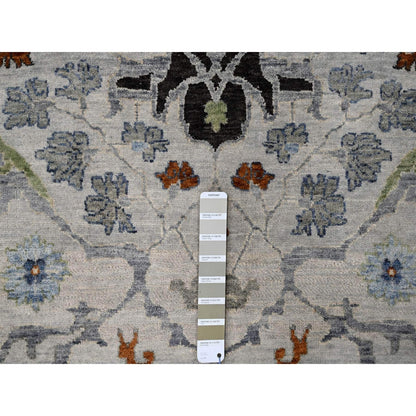 10'X10' Whirlwind Gray Wool Hand Knotted Floral Motifs Oushak Round Rug