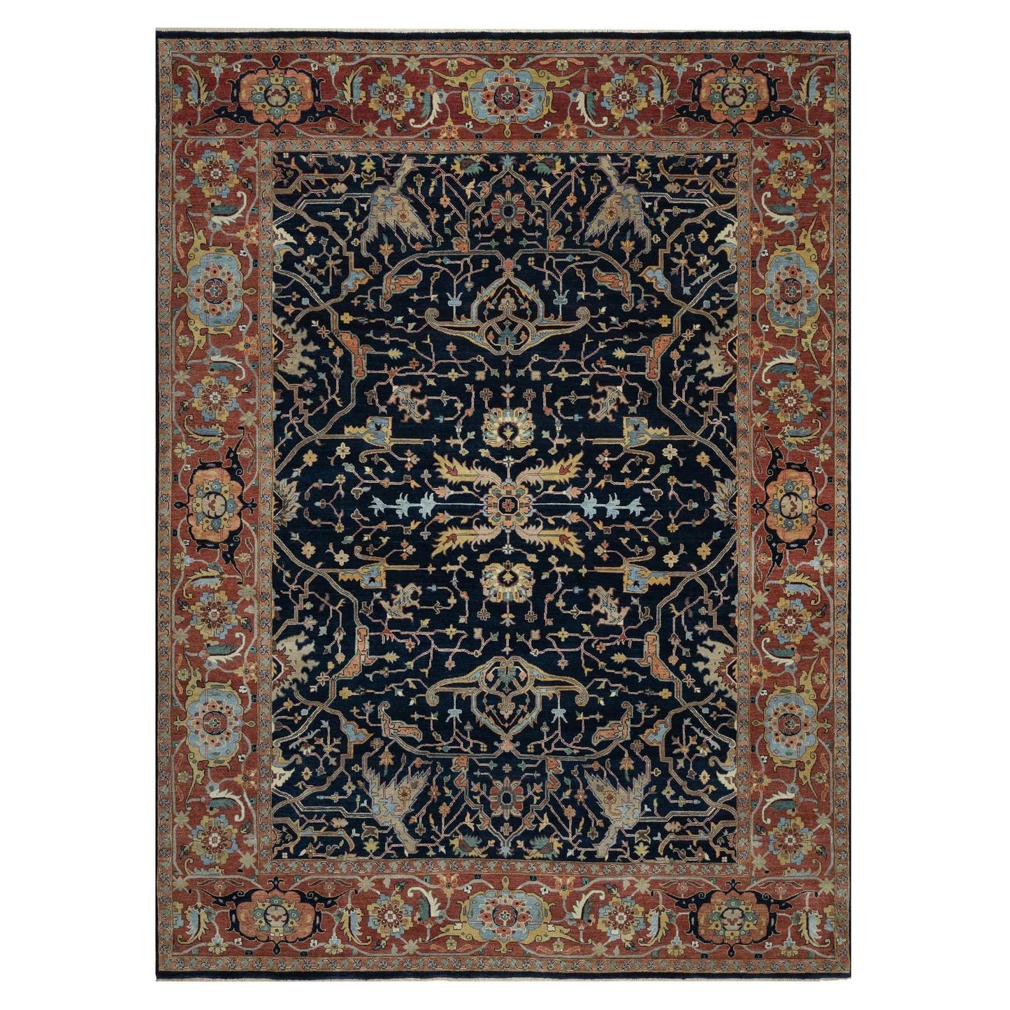 9'X12'2" Midnight Blue Antiqued Heris Re-Creation Hand Knotted Wool Rug