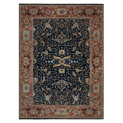 9'X12'2" Midnight Blue Antiqued Heris Re-Creation Hand Knotted Wool Rug