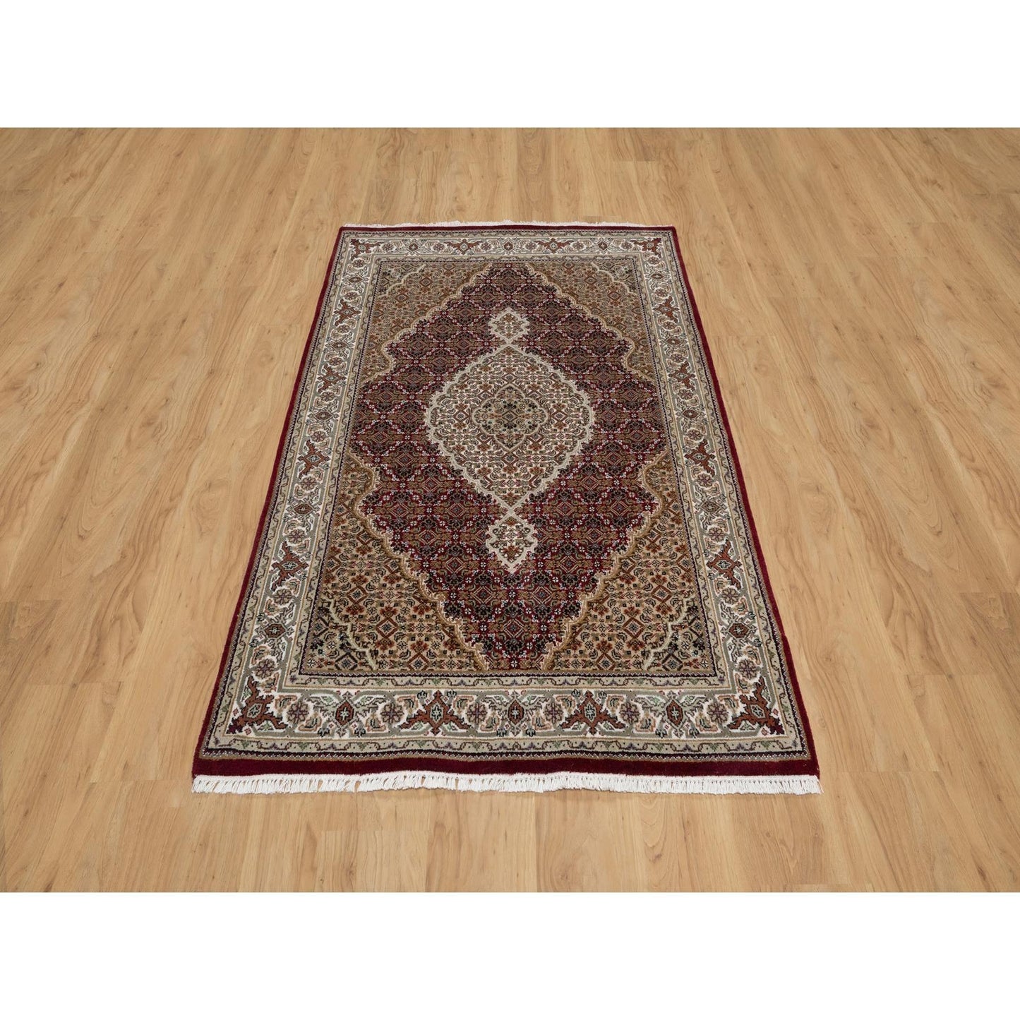 4'X6'2" Carmine Red Tebraz Mahi With Fish Design Wool Hand Knotted Rug