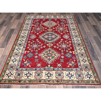 4'X6' Crimson Red Kazak With Tribal Motifs Hand Knotted Pure Wool Rug
