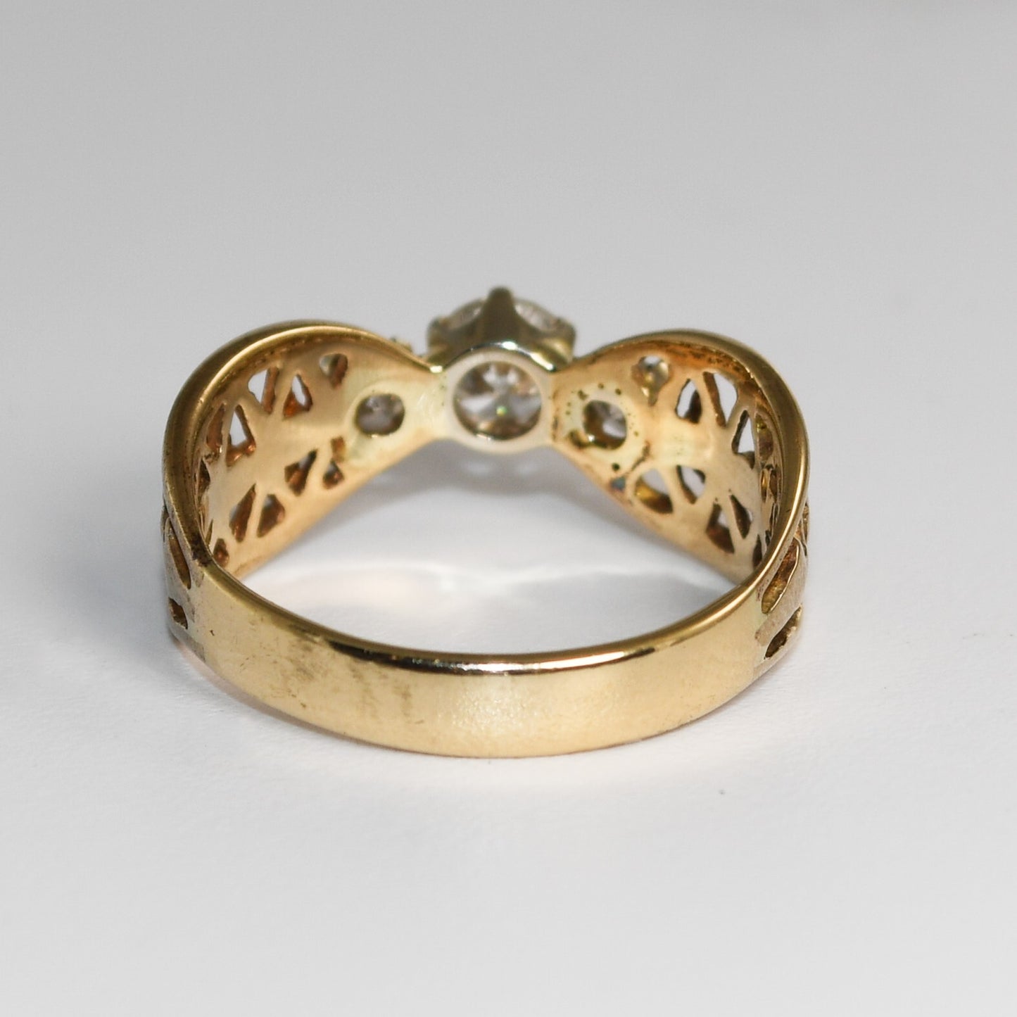 Three Diamond Ring Fancy Shank 14K Yellow Gold