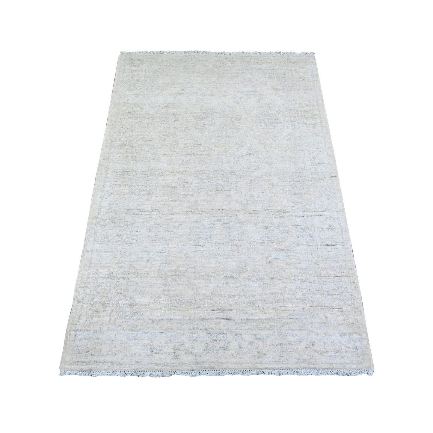 3'X5' Delicate White Wool Hand Knotted Washed Out Peshawar Oriental Rug
