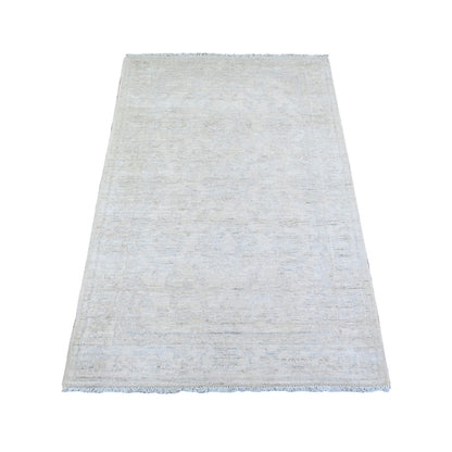 3'X5' Delicate White Wool Hand Knotted Washed Out Peshawar Oriental Rug
