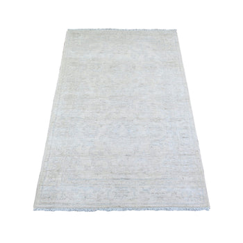 3'X5' Delicate White Wool Hand Knotted Washed Out Peshawar Oriental Rug
