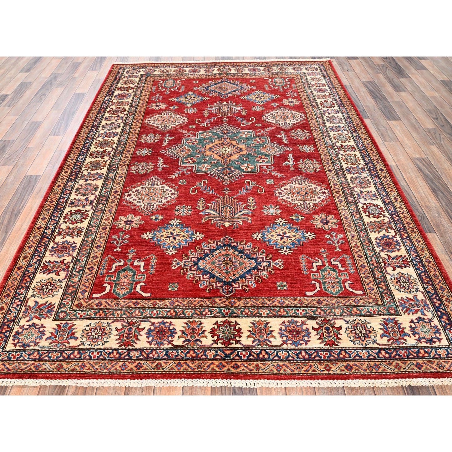 6'2"X8'6" Red Hand Knotted Afghan Super Kazak Medallions Design Wool Rug