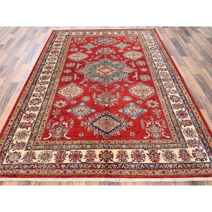 6'2"X8'6" Red Hand Knotted Afghan Super Kazak Medallions Design Wool Rug