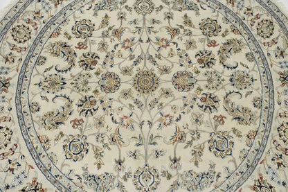 Extra Fine Hand-Knotted Indo-Nain Round Rug 6X6 ft Cream Floral