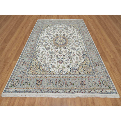 7'8"X10'2" Daisy White Nain Floral Design Hand Knotted Wool And Silk Rug