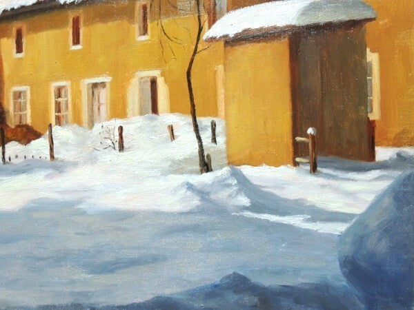 Yvette signed French village oil painting snow landscape