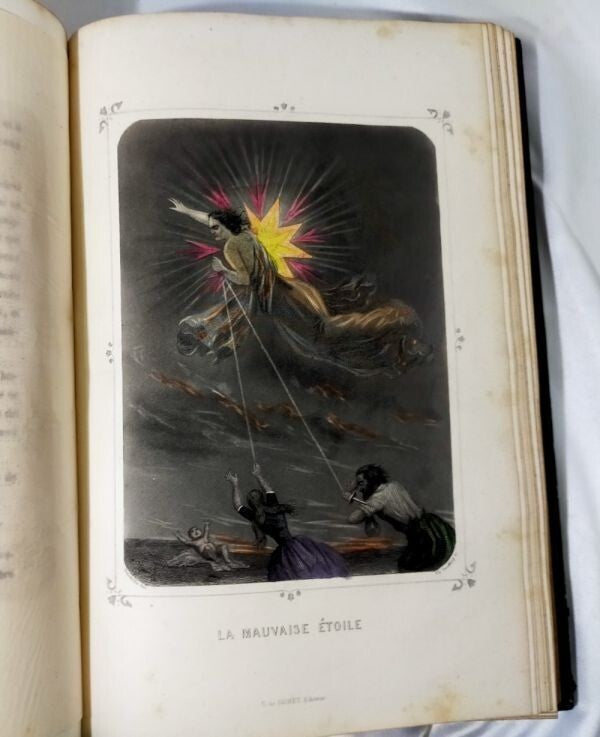 1849 J.J. Grandville Les Toiles 1St Edition Rare Hand-Colored Plates Leather