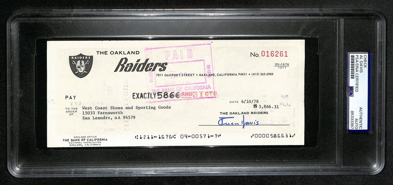 Al Davis Hof Signed/Autographed 8.5X3.5 Bank Check Raiders Psa/Dna 193240