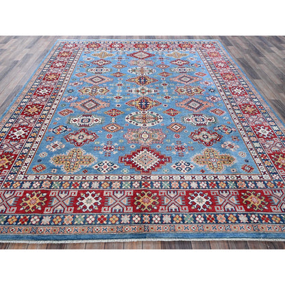 7'10"X9'8" Blue Kazak Tribal Medallions Design Hand Knotted Soft Wool Rug