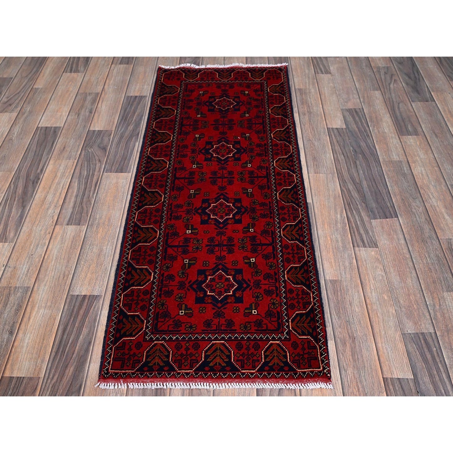 1'9"X4'8" Red Afghan Khamyab Geometric Pattern Wool Hand Knotted Runner Rug