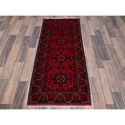 1'9"X4'8" Red Afghan Khamyab Geometric Pattern Wool Hand Knotted Runner Rug