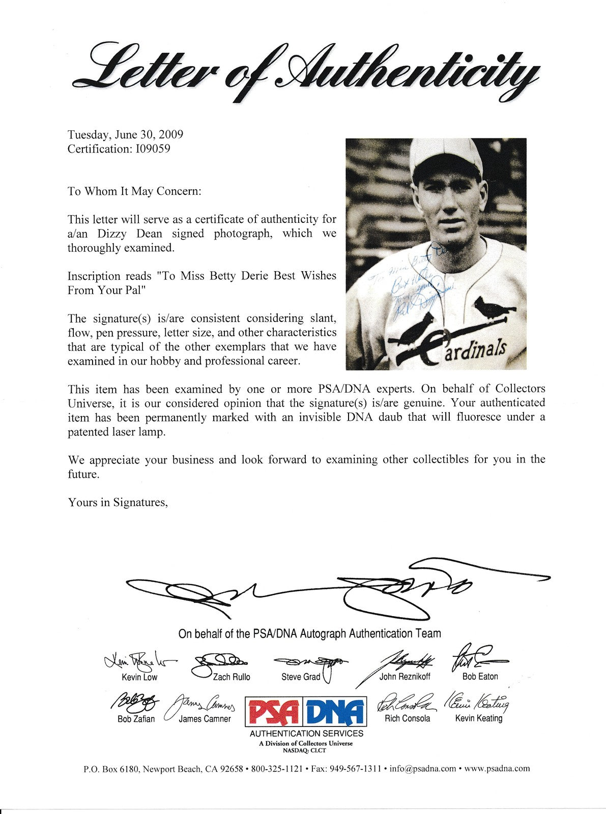 Dizzy Dean Hof Autographed 6.5X8.5 B/W Photo St. Louis Cardinals Psa/Dna 179566