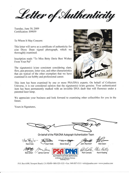 Dizzy Dean Hof Autographed 6.5X8.5 B/W Photo St. Louis Cardinals Psa/Dna 179566
