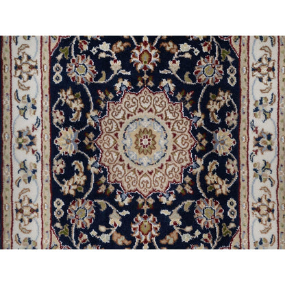 2'1"X3'2" Navy Wool And Silk Nain Medallion Design Hand Knotted Mat Rug