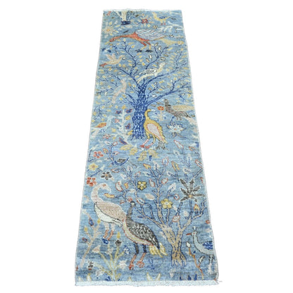 2'X6'4" Ruddy Blue Peshawar Birds Design Hand Knotted All Wool Runner Rug
