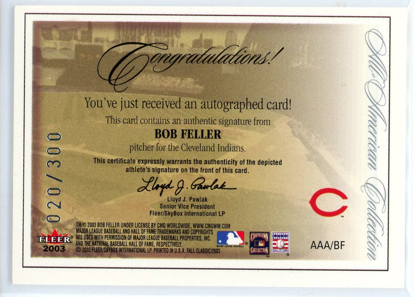 Bob Feller Autographed 2003 Fleer All-American Collection Card #Aaa-Bf