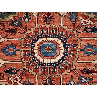 9'10"X14'3" Coral Red Seeripe Heris Design Hand Knotted Soft Wool Rug