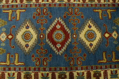 Kazak Oriental Rug Blue Geometric Tribal Style