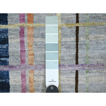 7'10"X9'9" Gray Criss Cross Colorful Line Design Hand Knotted Wool Rug