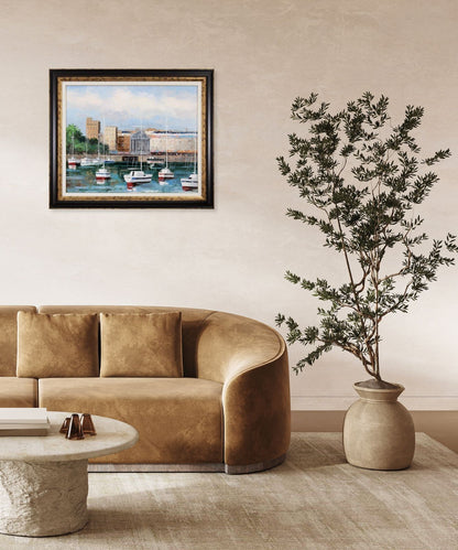 Ralf Schfrin French Marina Harbor Oil Painting Signed Framed F15 Canvas