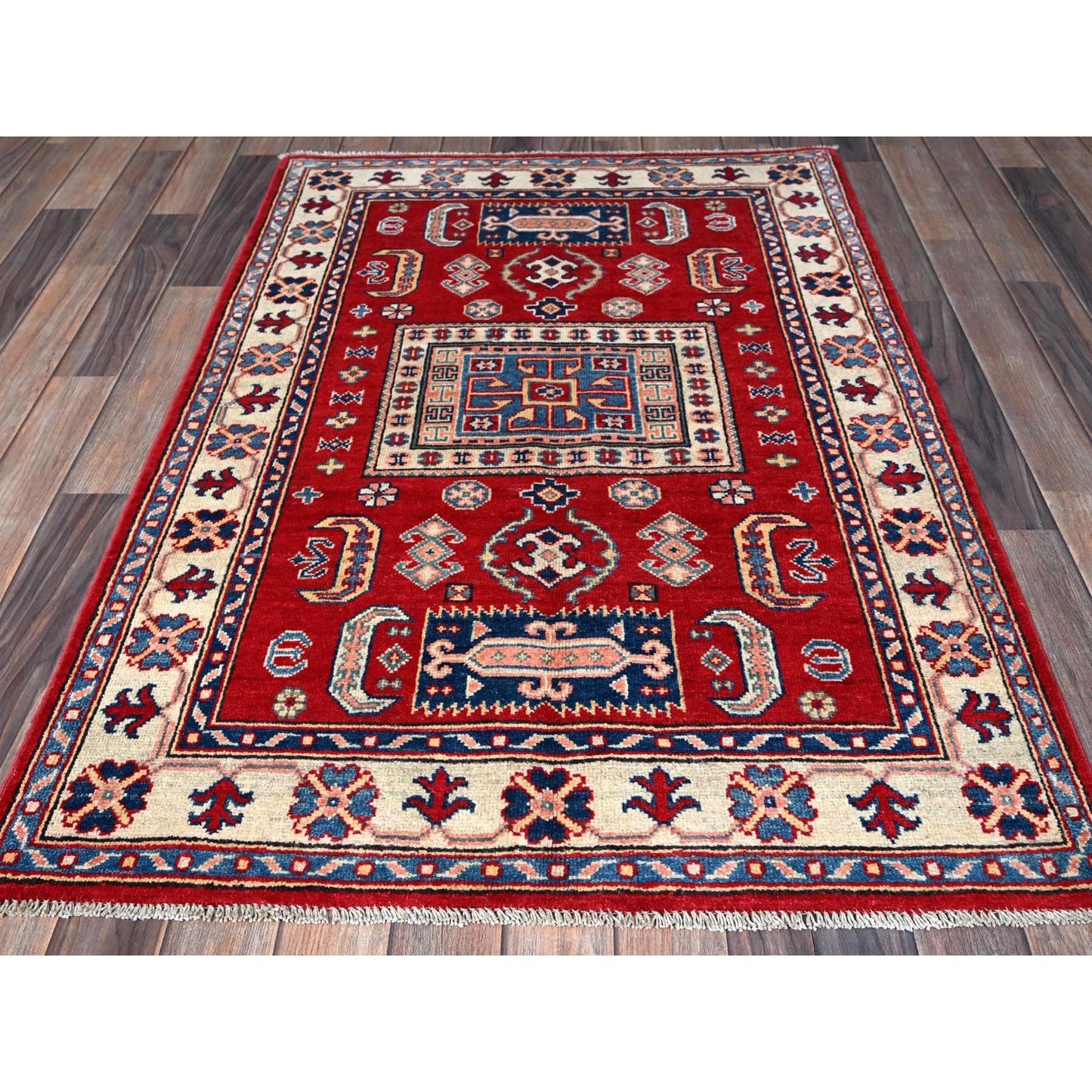 3'5"X5' Red Kazak With Geometric Design Soft Wool Hand Knotted Oriental Rug