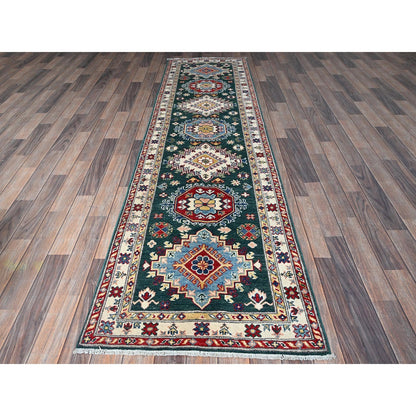 2'6"X9'9" Green Kazak With Medallions Design Wool Hand Knotted Runner Rug