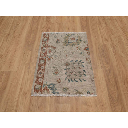 2'2"X3'1" Beige Broken Pattern Oushak Design Hand Knotted Wool Sample Rug