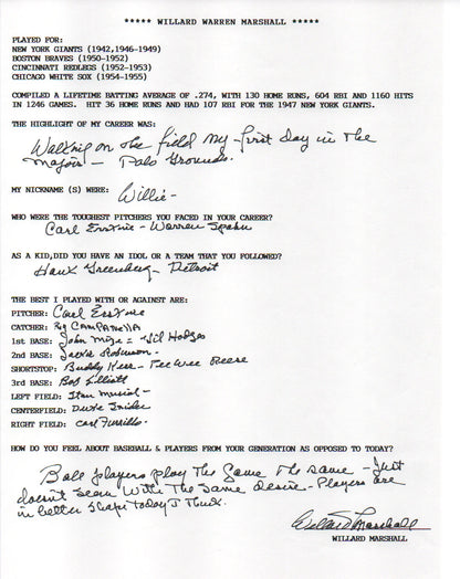 Willard Marshall Autographed Hand Filled Out Survey Page (Jsa)