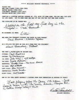 Willard Marshall Autographed Hand Filled Out Survey Page (Jsa)