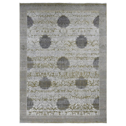 8'9"X12'1" Green Silk With Wool Abrash Artistic Motifs Hand Knotted Rug