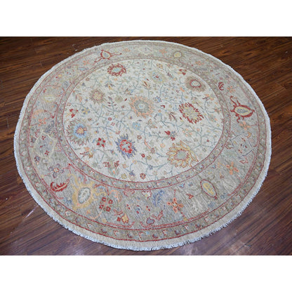 8'X8' Ivory Ziegler Mahal Hand Knotted Pure Wool Round Oriental Rug