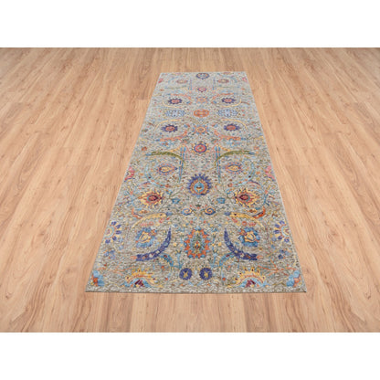 4'1"X10'3" Silk And Wool Hand Knotted Tan Sickle Design Wide Runner Rug