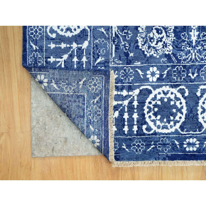 5'1"X6'10" Revel Blue Hand Knotted Tebraz Leaf Design Wool And Silk Rug