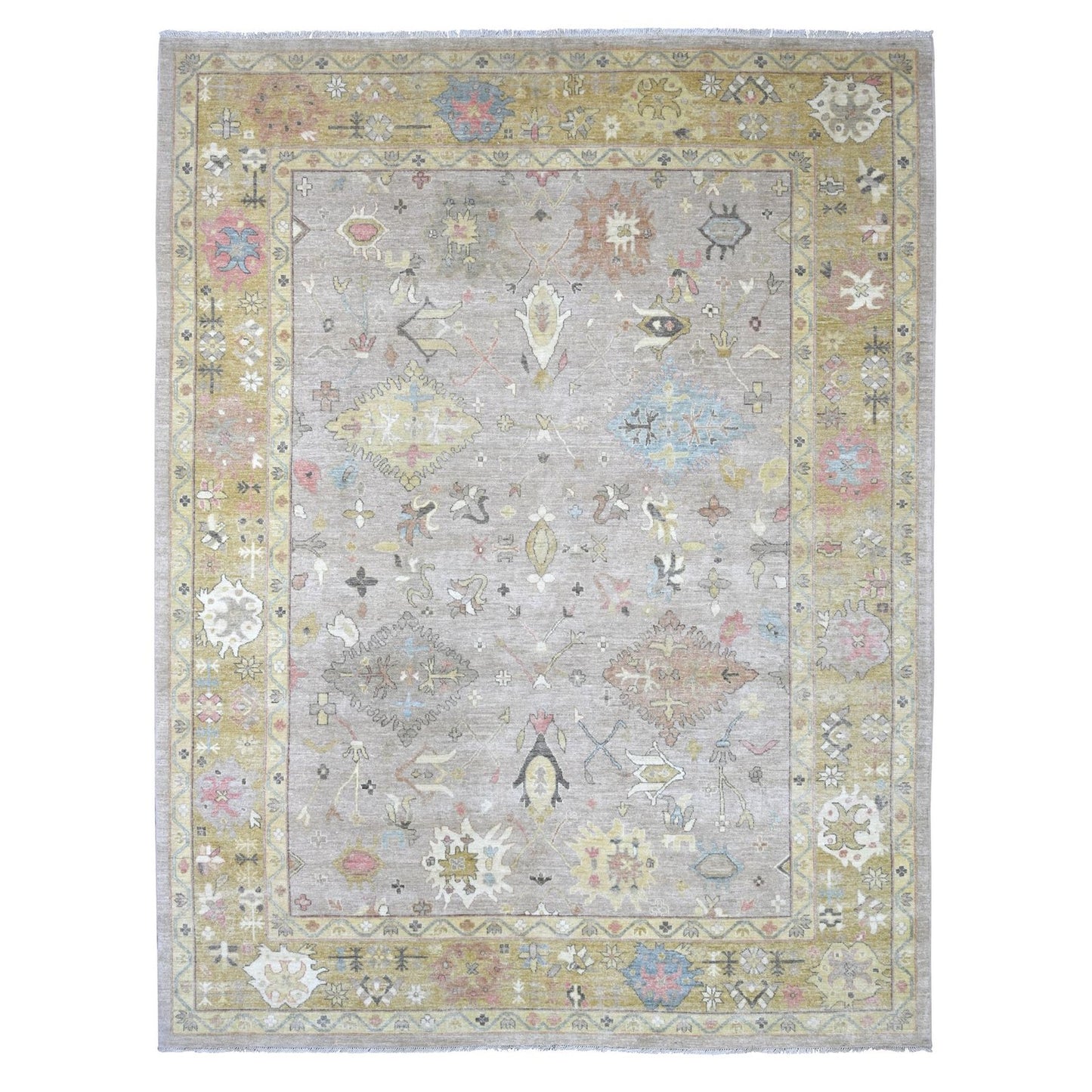 9'3"x12'2" Gray Peshawar with Serrated Gul Motif Hand Knotted Wool Rug